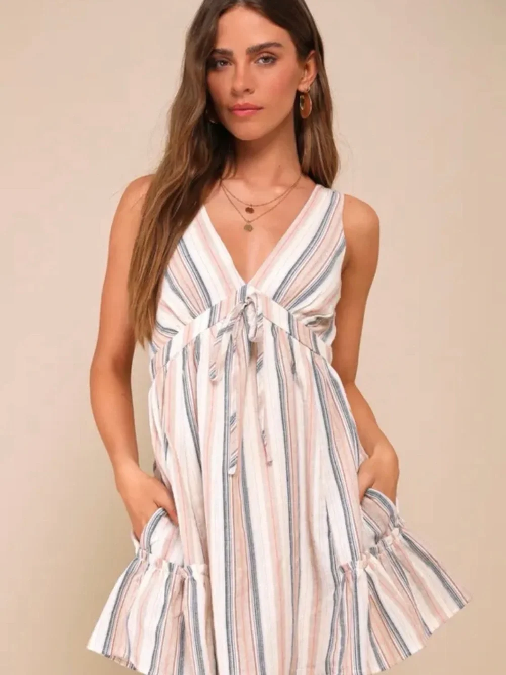 Lulus Precious Destiny Cream Multi Striped Mini Dress with Pockets - Picture 4 of 9
